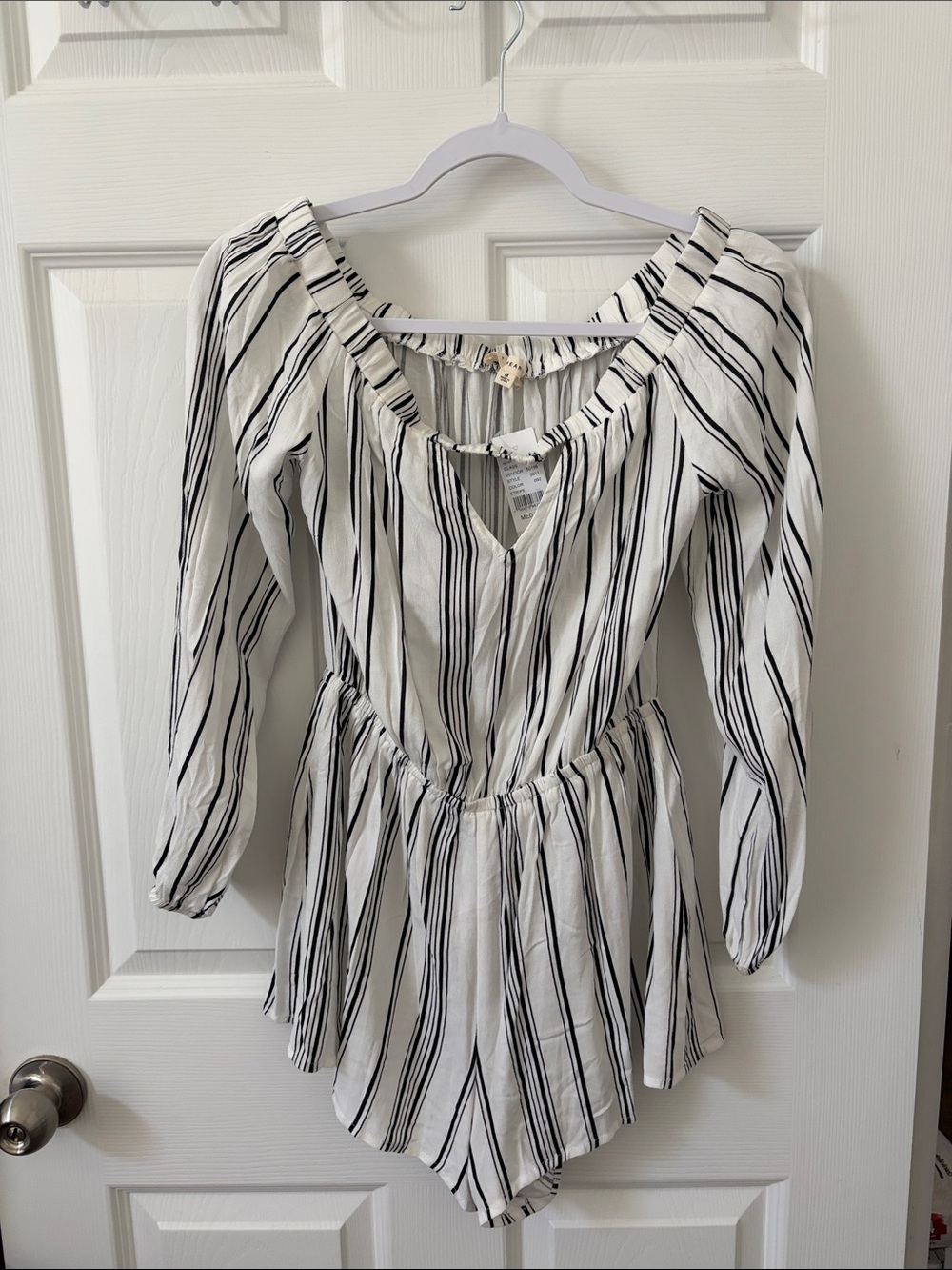 La Hearts White and Black Striped Long-Sleeve Bodysuit Romper
